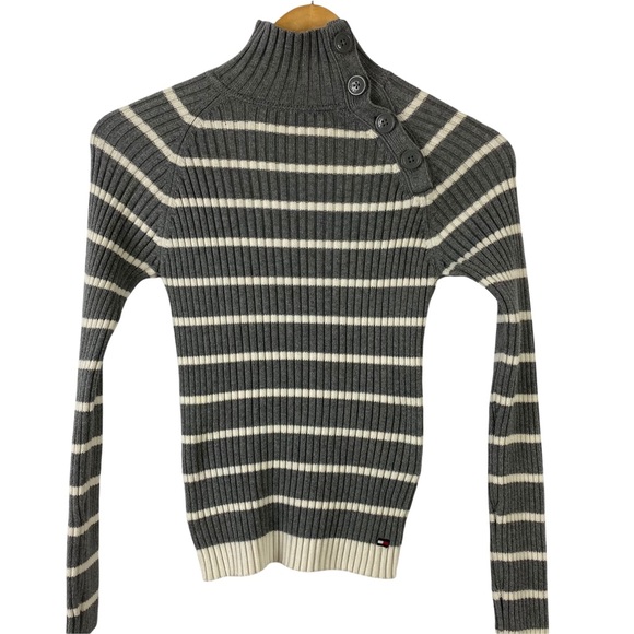 Tommy Sport Striped Winter sweater standing collar decorative buttons  S P - Picture 2 of 10